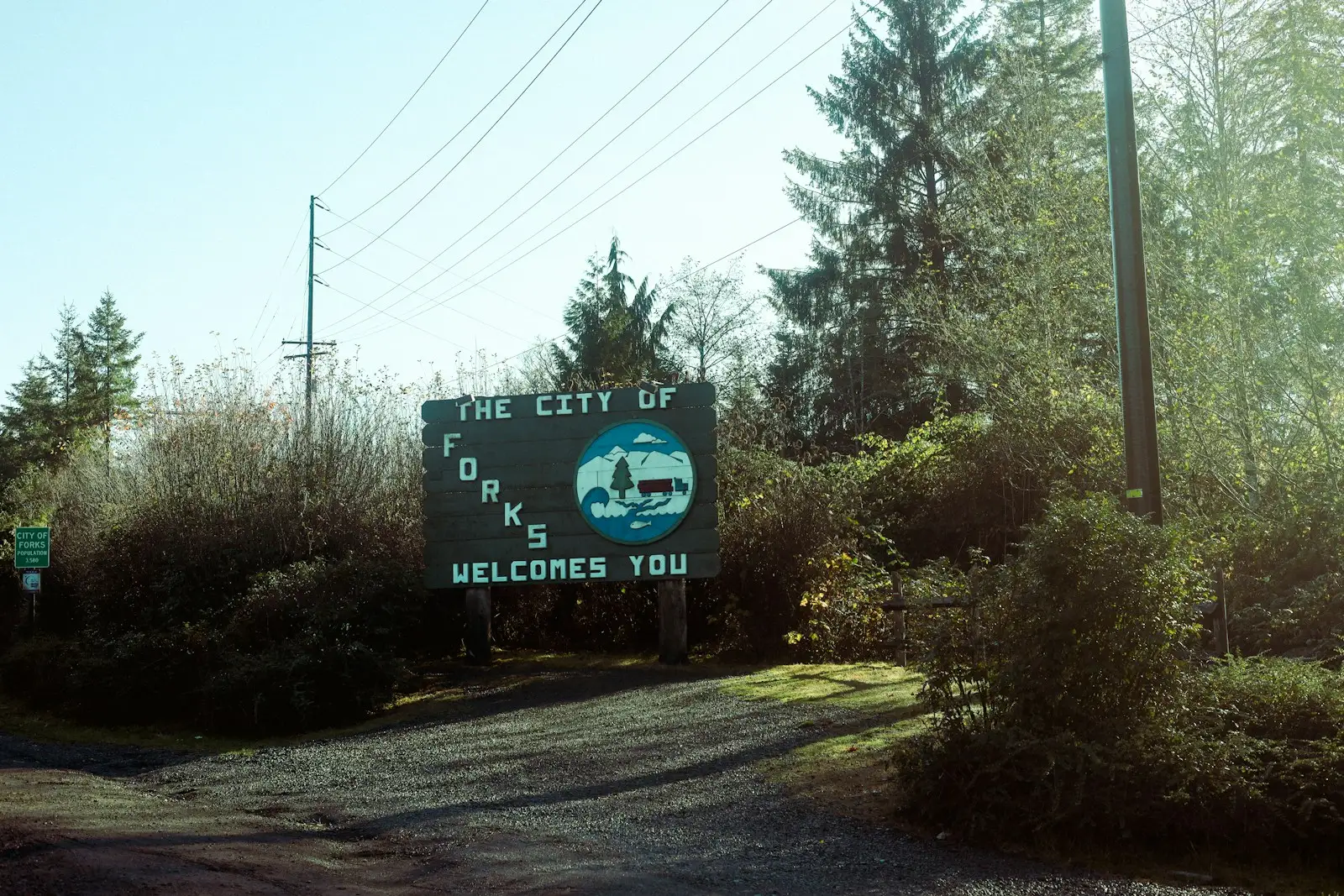 A roadside street sign on a misty evening road through Forks, Washington.