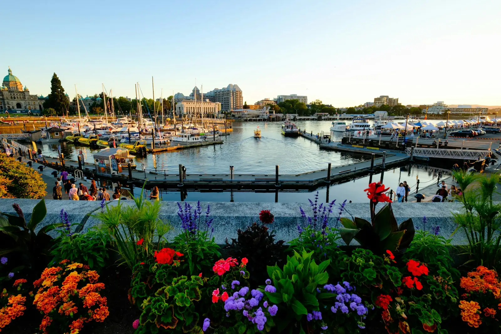 Boats moored in the Inner Harbour beside hanging flower baskets at golden hour in Victoria, British Columbia.